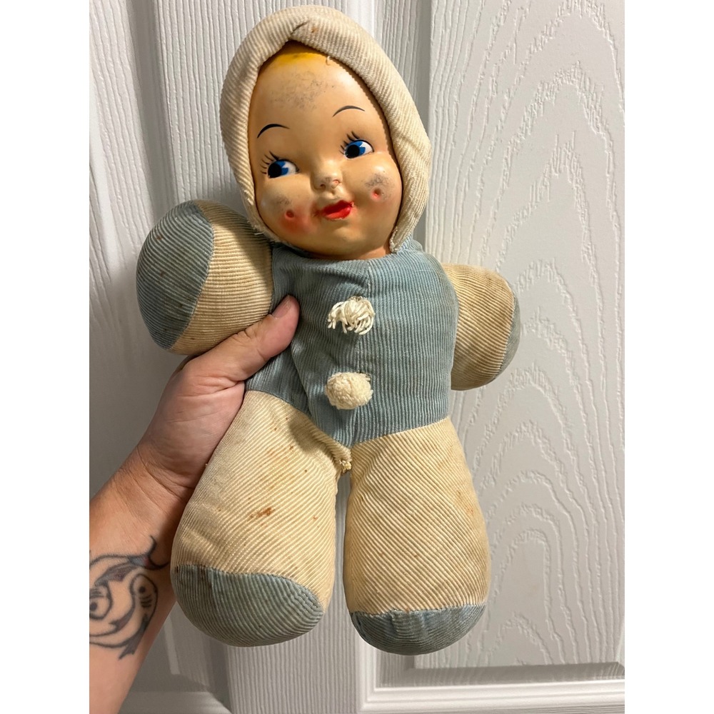 Vintage Corduroy Mask Face Doll Blue Cream Stuffed Plush Toy Mid Century Antique